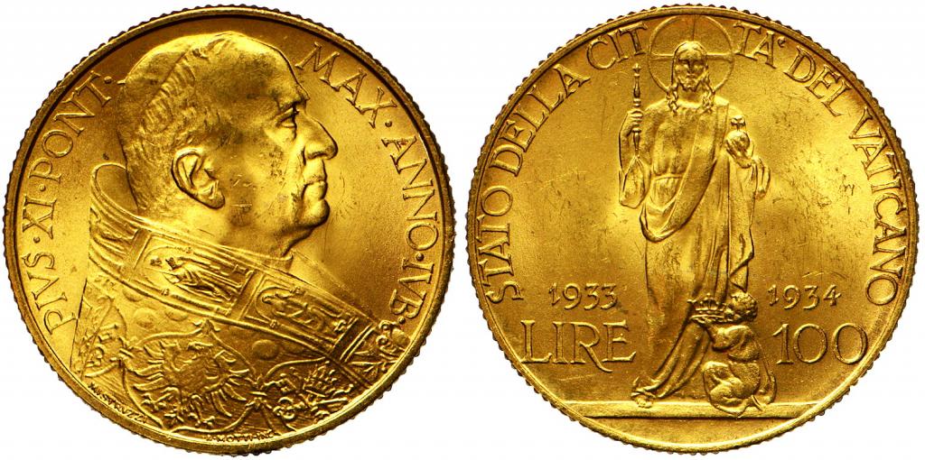 100 лир 1934 г. Папа Пий XI (1929 - 1938). Ватикан. Золото. Редкие. KM ...