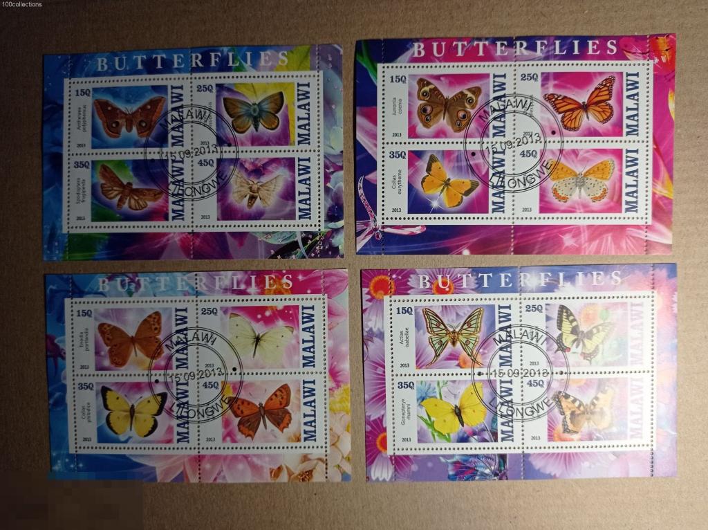 mw2013 Малави. Бабочки. 4 блока. Фил. гашение 