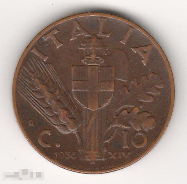 Италия (королевство, Виктор-Эммануил III) 10 чентезими 1936 года, тип Impero 1° (1-й тип "Империя").