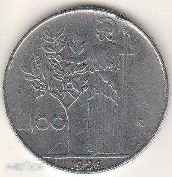 Республика Италия. 100 лир 1956 года. 1-й тип "Минерва" (большой диаметр).