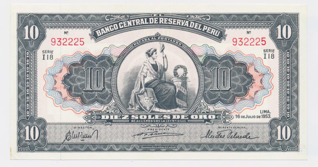 Перу 10 солей 1953 UNC-