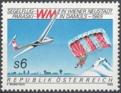 Австрия, 1989, № 1947, € 1, MNH, полн., воздухоплавание, чемпионаты мира по планеризму и ПараСки