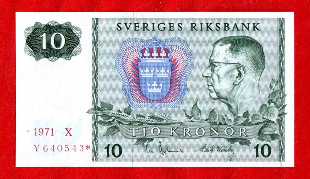 Швеция, 10 крон, 1971, UNC, Литера «X», № Y 640543* - ЗАМЕЩЕНИЕ, РЕДКОСТЬ, RRR!