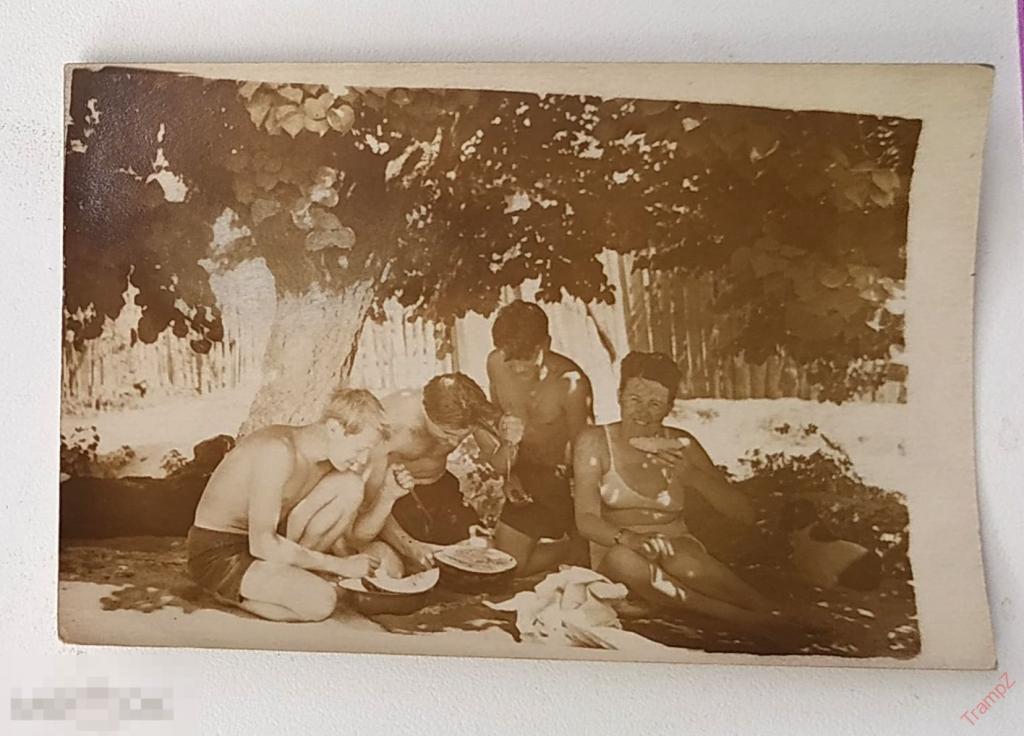 Фотография женщина в купальнике мужчины в плавках, голый торс, едят арбуз #85* 