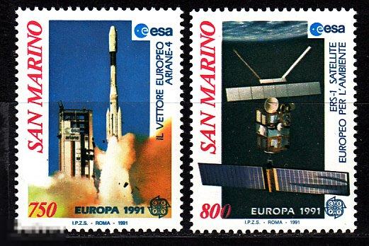 1991 Сан - Марино Европа Космос Спутники Исследования № 1465 - 1466 п/с ** 8 евро 