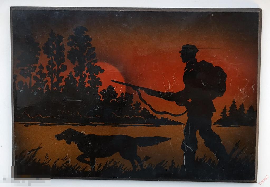 Плакетка Охота, охотник с собакой. дерево лак. винтаж СССР 