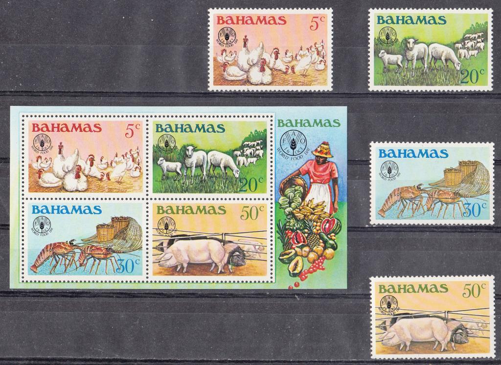 Марки. Багамы. 1981. Всемирный день продовольствия FAO. Животные. Птицы. Рыбы. Фауна. Серия + Блок.