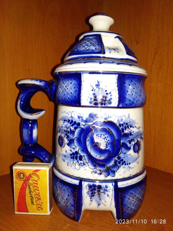 Кружка пивная / Цветочный орнамент / Позолота / Авторская / Дрезгунов / Гжель / Клеймо^