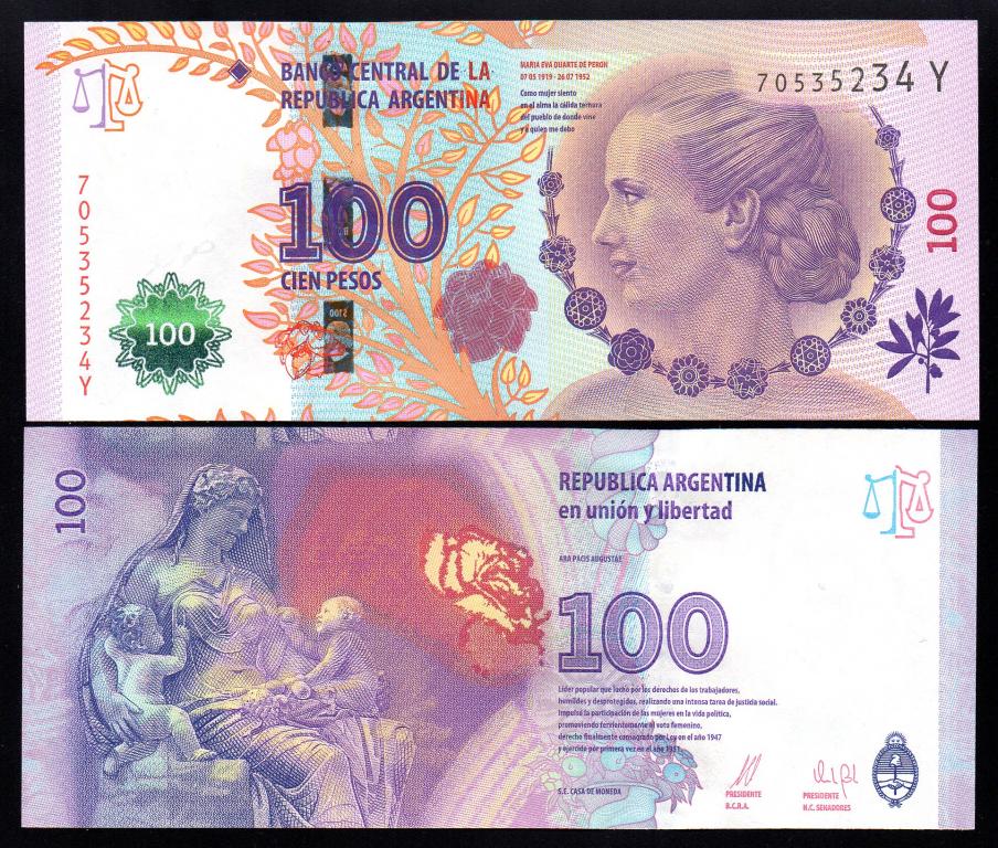 Аргентина  - 100 песо 2012  г., P 358b (3), ЮБ,  UNC
