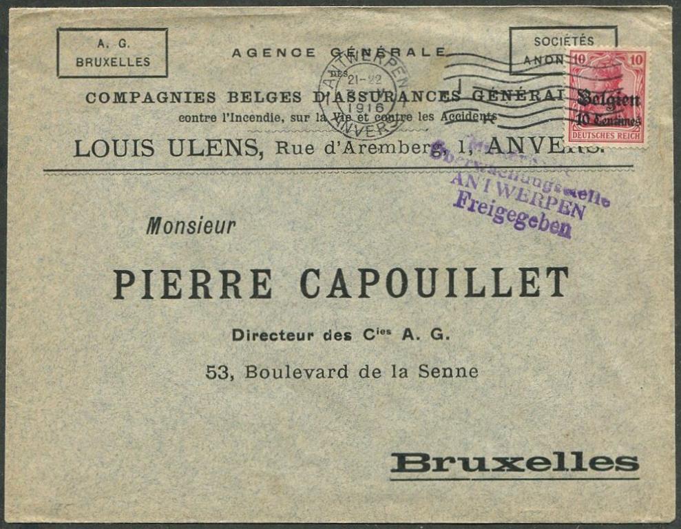 Германия 1916 ПМВ немецкая оккупация Бельгии GG Belgien шт. Антверпен цензура конверт страхование