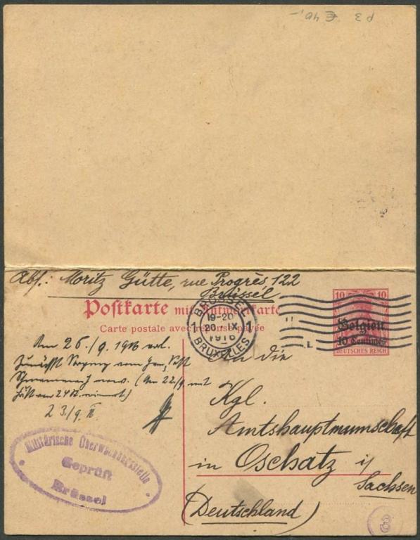 Германия 1916 ПМВ немецкая оккупация Бельгии Брюссель цензура почтовая карточка с оплаченным ответом