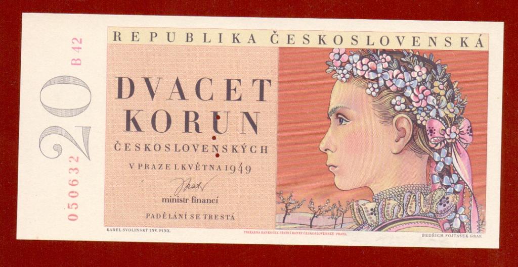 Чехословакия 1949 г. 20 крон UNC