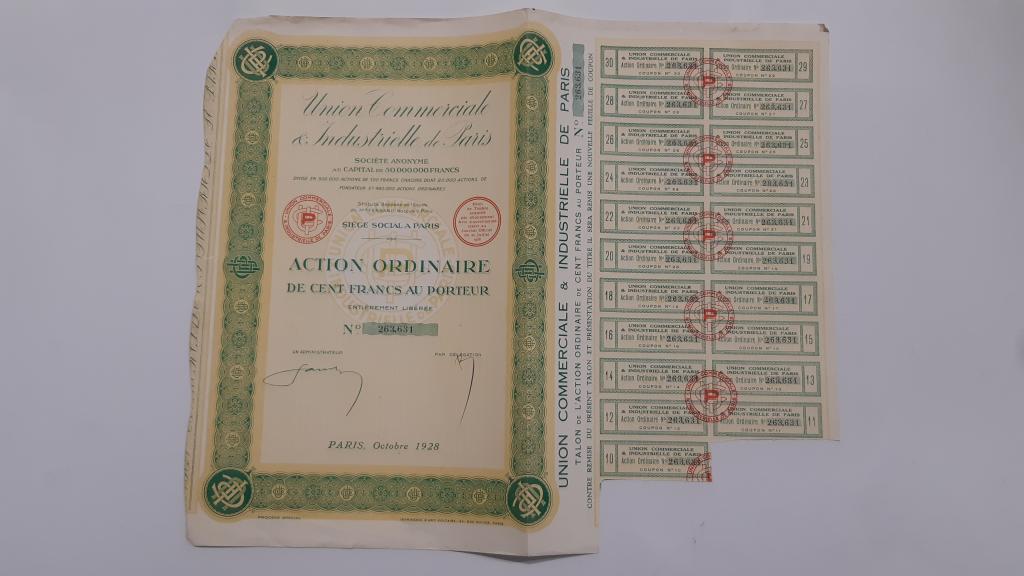 Купюра Франция   Акция ФРАНЦИЯ 1928 100 ФРАНКОВ Редкая Купоны   АА11