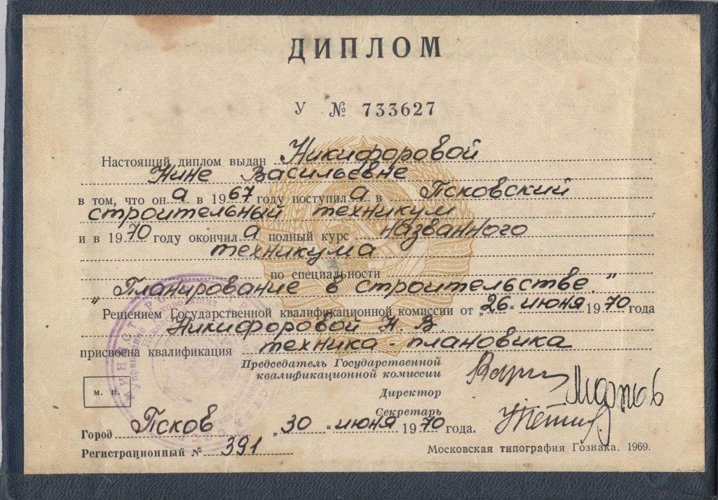 Диплом (Планирование в строительстве) (Псковский строительный техникум) 1970 СССР