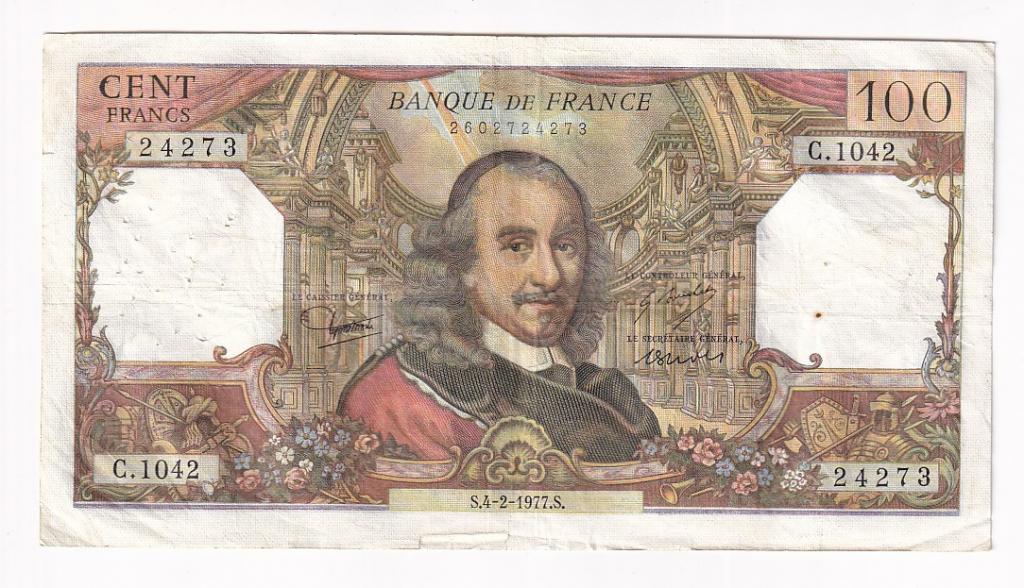 Франция Банкнота 100 франков 1977 год C1042 24273 VF (36788)