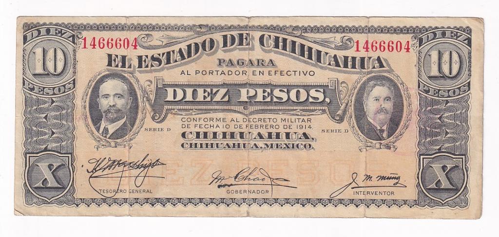 Чихуахуа Банкнота 10 песо 1914 год Круглая красная надпечатка 1466604 VF (37146)
