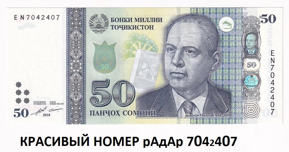 Таджикистан Банкнота 50 сомони 2021 рАдАр 7042407 Красивый номер Серия EN UNC (36807)