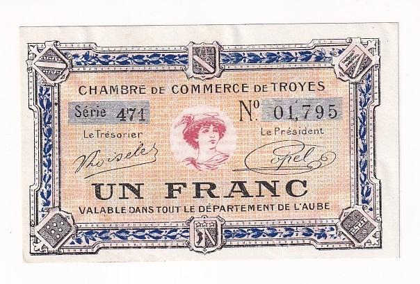 Франция Банкнота 1 франк 1926 год CHAMBRE DE COMMERCE DE TROYES AUNC (37571)