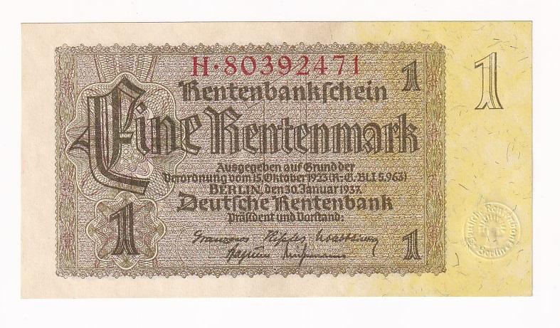 Германия Банкнота 1 рентмарка 1937 год Крупный нумератор Серия H UNC (37566)