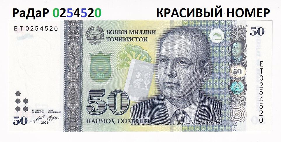 Таджикистан Банкнота 50 сомони 2021 РаДаР 0254520 Красивый номер Серия ET UNC (36358)