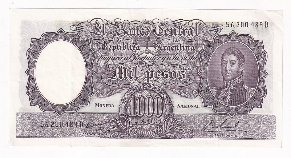 Аргентина Банкнота 1000 песо 1966 - 1969 год 56.200.189D VF+ (37442)