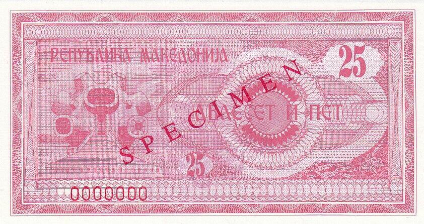 Македония Банкнота ОБРАЗЕЦ 25 динар 1992 год SPECIMEN 0000000 UNC (37303)