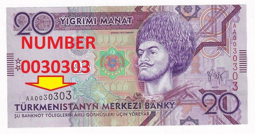 Туркмения Банкнота 20 манат 2009 Красивый номер 0030303 Серия AА Туркменистан UNC (37001)