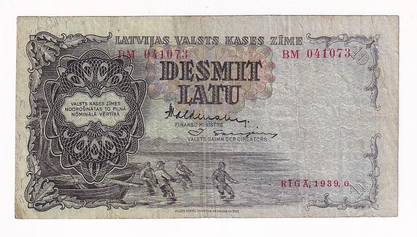 Латвия Банкнота 10 лат 1939 год BM 041073 VF (36883)