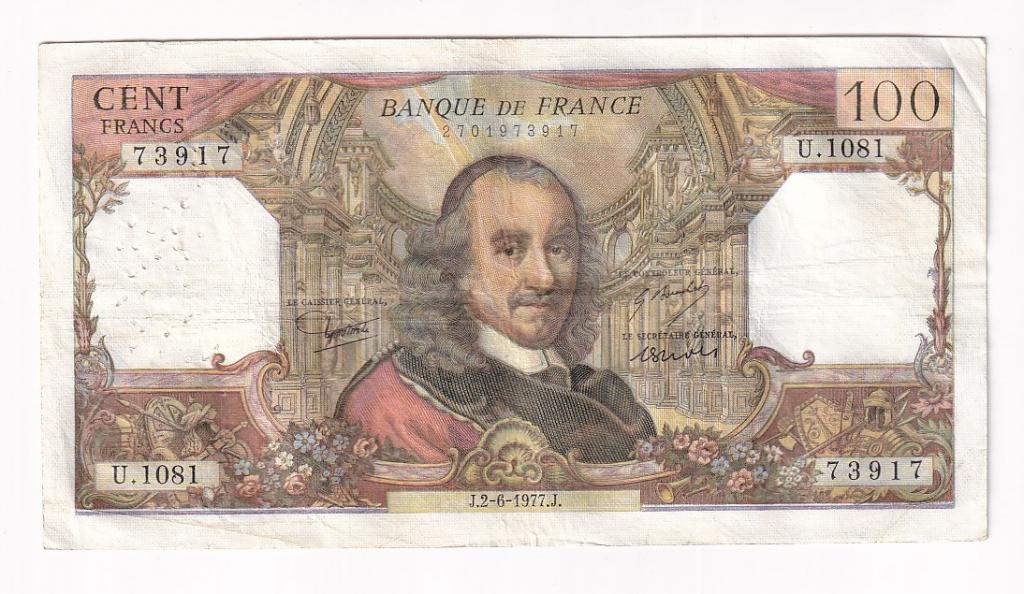 Франция Банкнота 100 франков 1977 год U1081 73917 VF (36786)