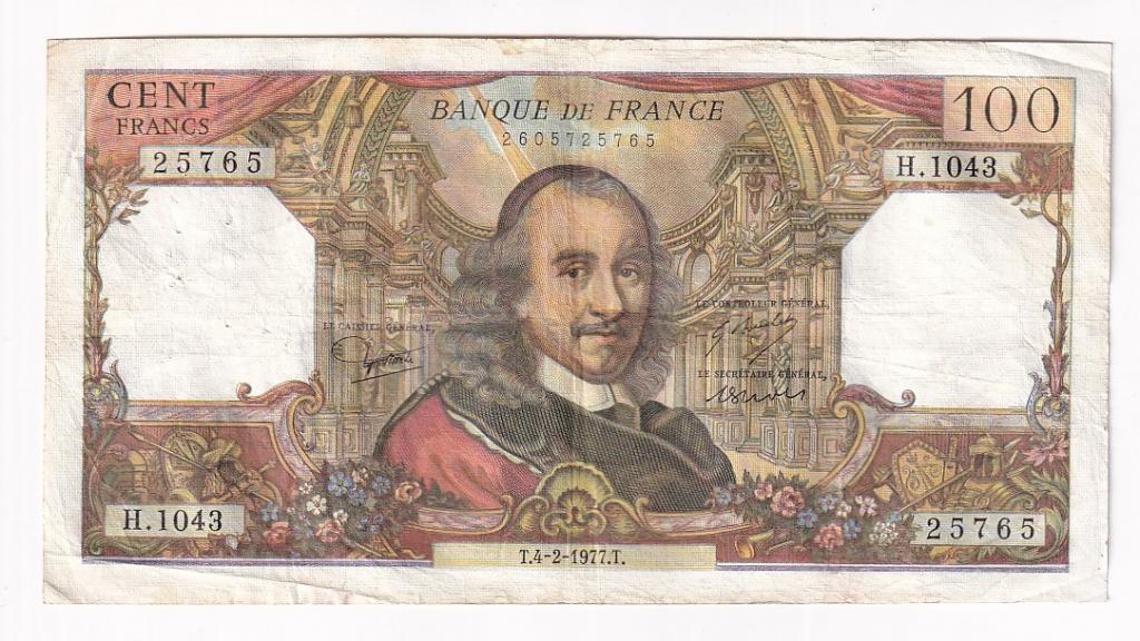 Франция Банкнота 100 франков 1977 год H1043 25765 VF (36789)