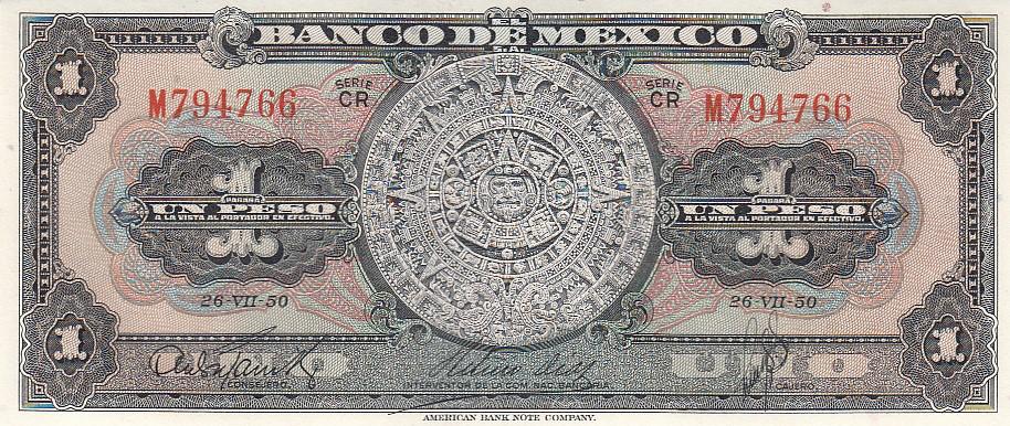 Мексика Банкнота 1 песо 1950 год Серия СR UNC (15234)