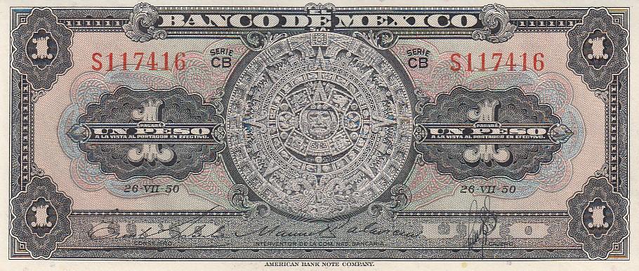 Мексика Банкнота 1 песо 1950 год Серия СВ UNC (15231)