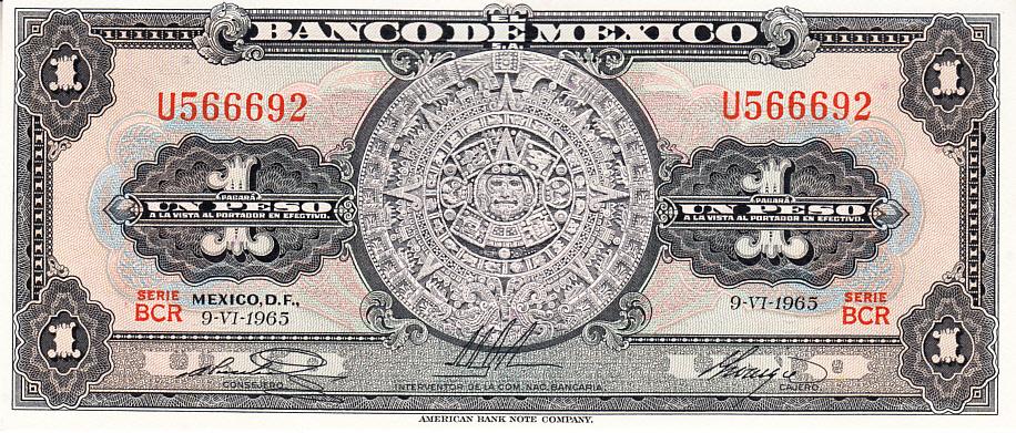 Мексика Банкнота 1 песо 1965 год UNC (12033)
