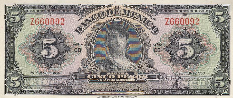 Мексика Банкнота 5 песо 1950 год Серия СВ UNC (15611)