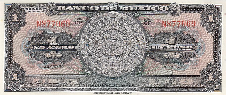 Мексика Банкнота 1 песо 1950 год Серия СР UNC (15224)