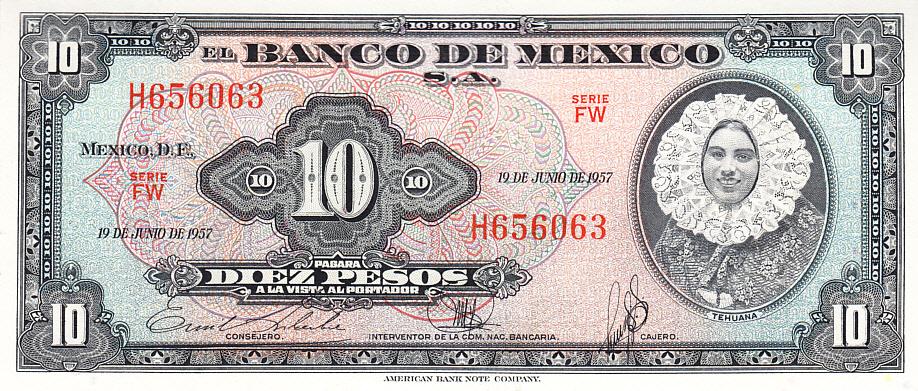 Мексика Банкнота 10 песо 1957 год UNC (12050)