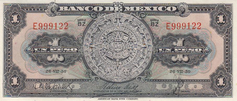 Мексика Банкнота 1 песо 1950 год Серия BZ UNC (15238)