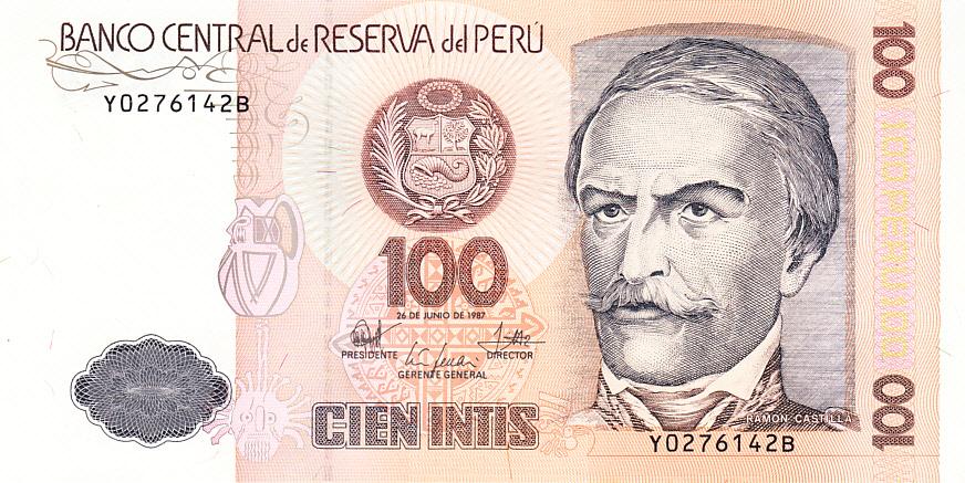 Перу Банкнота 100 инти 1987 год Замещение Серия Y B UNC (13611)