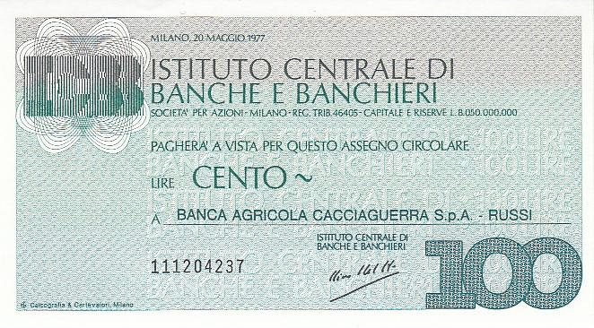 Италия Банковский чек ICBB 100 лир 1977 год UNC (16196)
