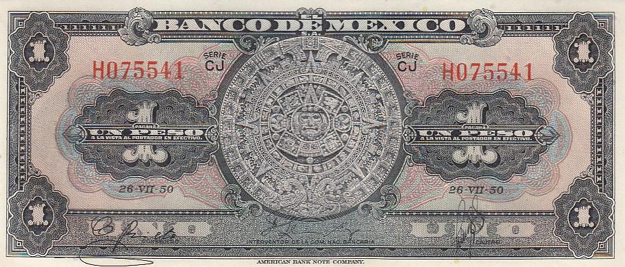 Мексика Банкнота 1 песо 1950 год Серия СJ UNC (15230)