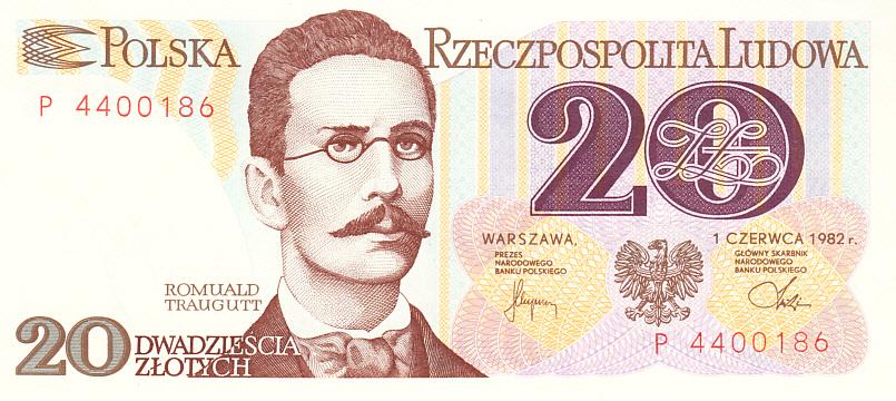 Польша Банкнота 20 злотых 1982 год (Одинарная литера)* UNC (13483)