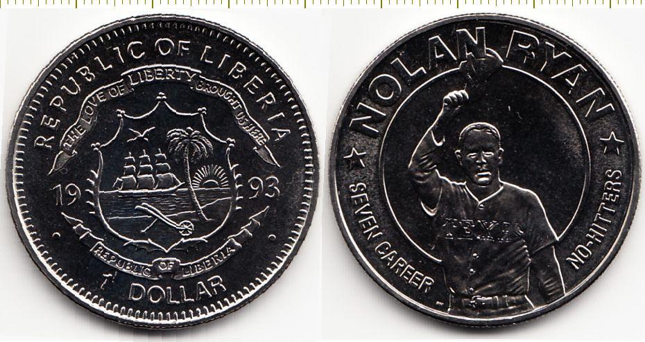 Либерия Монета 1 доллар 1993 год - Нолан Райан UNC (10434)