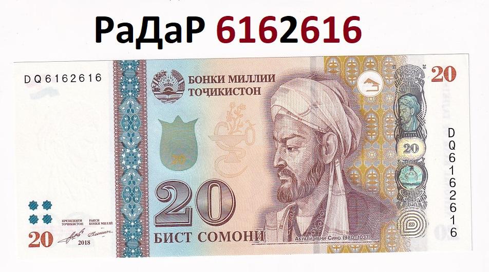 Таджикистан Банкнота 20 сомони 2018 РаДаР 6162616 Красивый номер  UNC (35689)