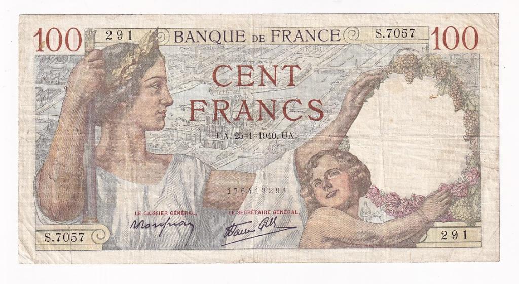 Франция Банкнота 100 франков 1940 год 291 S.7057 VF (35195)