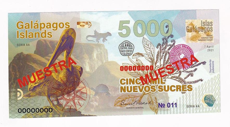 Галапагосские острова Полимерная Бона ОБРАЗЕЦ 5000 новых сукре 2021 Пластик С... UNC (34862)