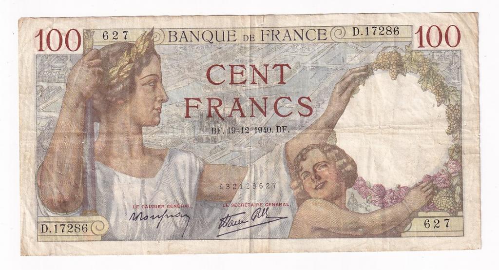 Франция Банкнота 100 франков 1940 год 627 D.17286 VF (35202)