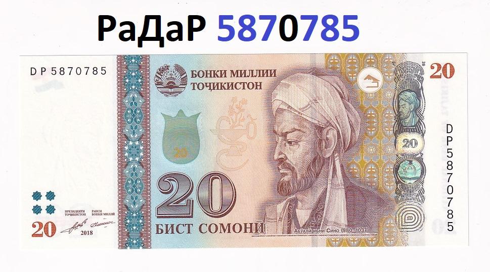Таджикистан Банкнота 20 сомони 2018 РаДаР 5870785 Красивый номер  UNC (35688)