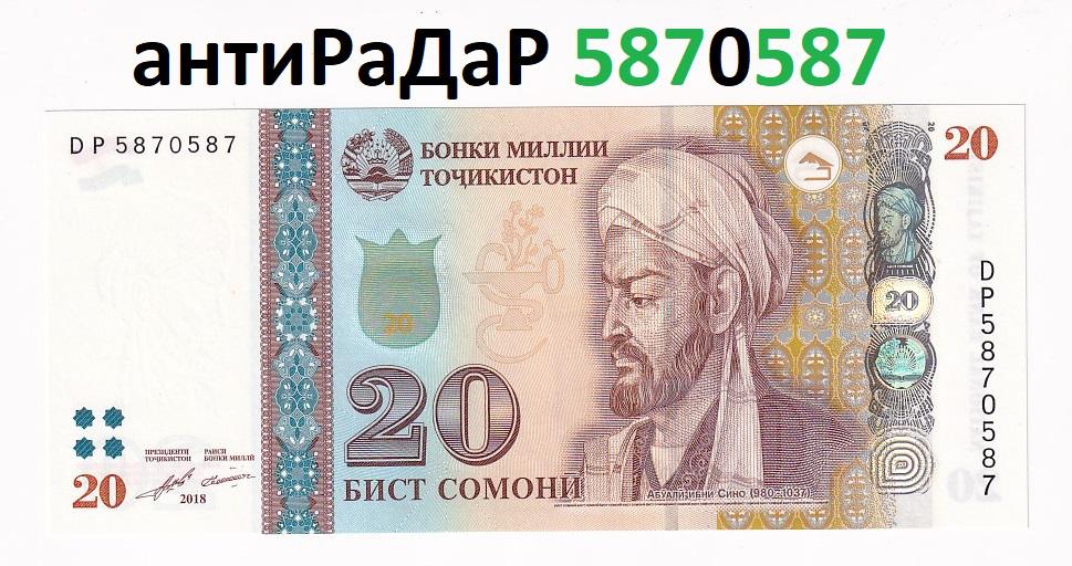 Таджикистан Банкнота 20 сомони 2021 антиРаДаР 5870587 Красивый номер  UNC (35691)