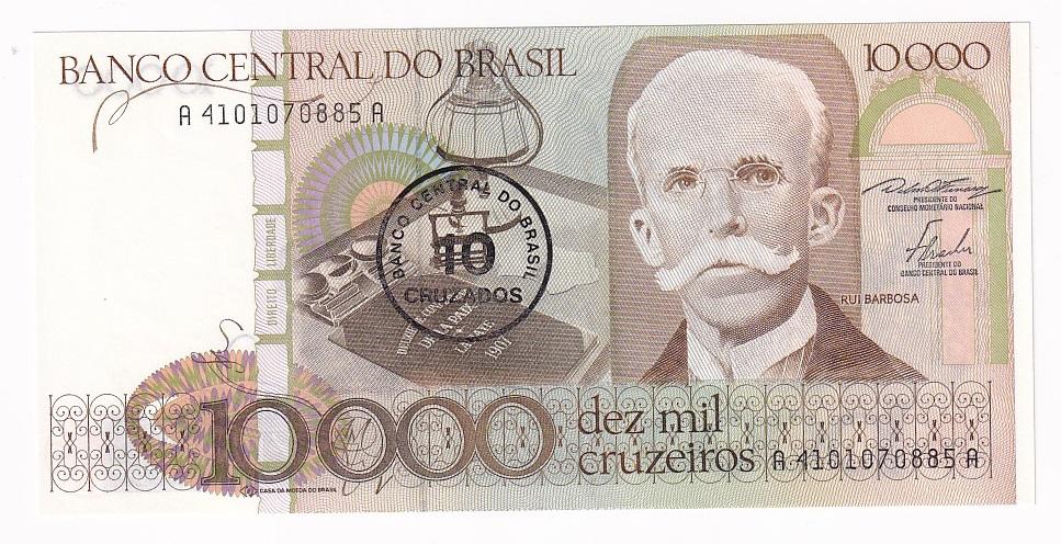 Бразилия Банкнота 10 крузадо 1986 на 10000 крузейро 1984 1985 UNC (32576)