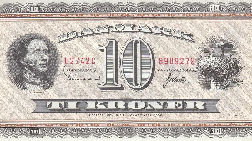 Дания Банкнота 10 крон 1974 год (2-й тип подписи) UNC (18928)